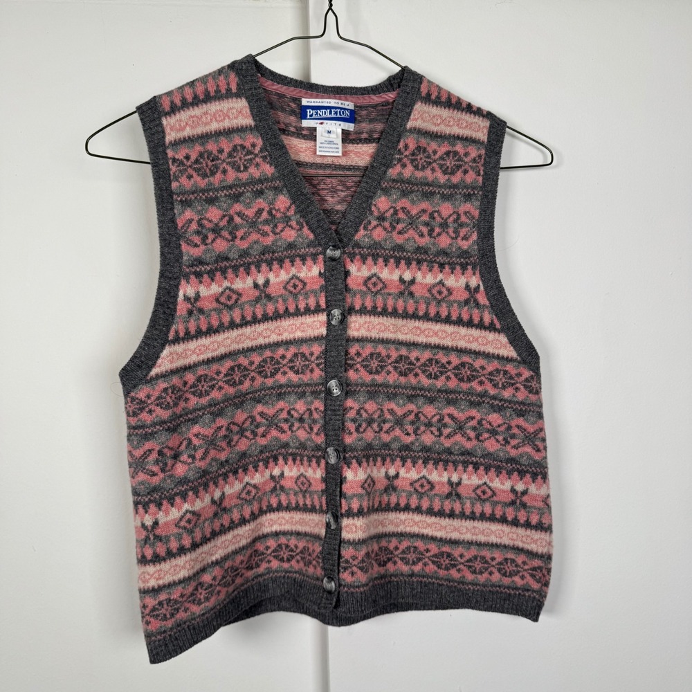 Pendleton Petite Pink Grey Fair Isle Lambswool Button Front Sweater Vest Medium